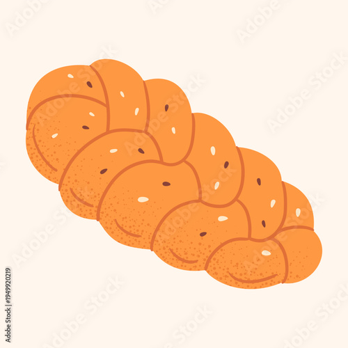 Braided bread loaf with a golden crust and sesame seeds. Hand drawn vector illustration for bakery branding, food packaging, menus, and baking themed designs.