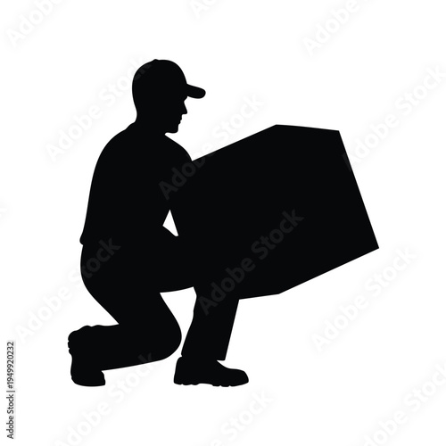 Loader lifting heavy cardboard box silhouette squatting for safety
