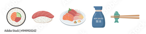 Collection of Japanese food icons featuring sushi, sashimi, nigiri, soy sauce, and chopsticks in a flat vector illustration style, ideal for restaurant menus or culinary graphics