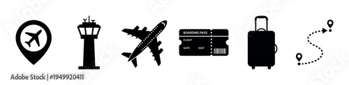 Set of black air travel icons presented in a minimalist silhouette style, including a location pin, control tower, airplane, boarding pass, suitcase, and a destination route