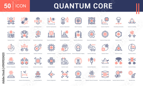 Quantum Core Icon Set. quantum computer, entanglement, schrodingers cat, super position, teleportation and more. Line Dual Tone Style vector icons collection.
