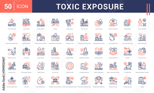 Toxic Exposure Icon Set. toxic waste barrel, chemical spill, plastic pollution, oil spill, nuclear fallout and more. Line Dual Tone Style vector icons collection.