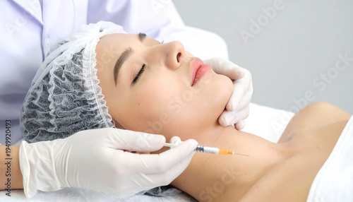 Close-up of a doctor’s hand using a syringe for a facial cosmetic treatment on a young woman lying down in a modern aesthetic clinic.