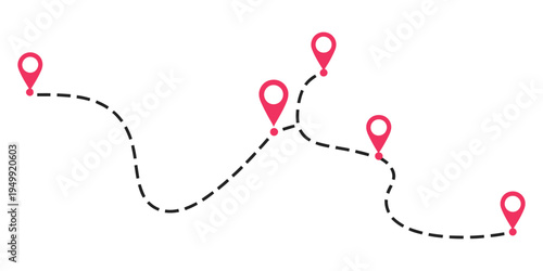Dotted path line with red points, travel concept with pathway, vector flat map illustration, isolated design for navigation