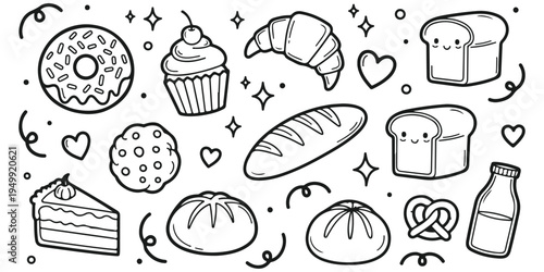 Hand drawn bakery doodle elements set with bread croissant pretzel cake wheat pastry bakery shop food icons