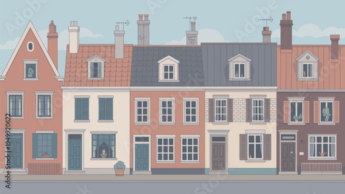 A row of colorful houses with chimneys and balconies on a quiet street