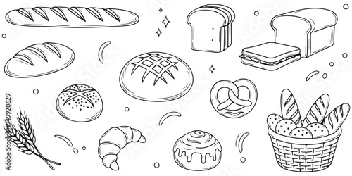 Hand drawn bakery doodle background with bread cake pastry croissant pretzel and bakery shop food icons set