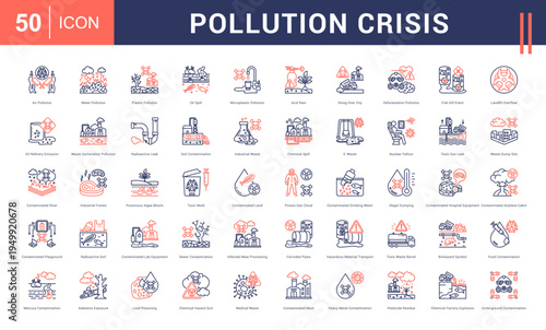 Pollution Crisis Icon Set. air pollution, water pollution, plastic pollution, oil spill, microplastic pollution and more. Line Dual Tone Style vector icons collection.
