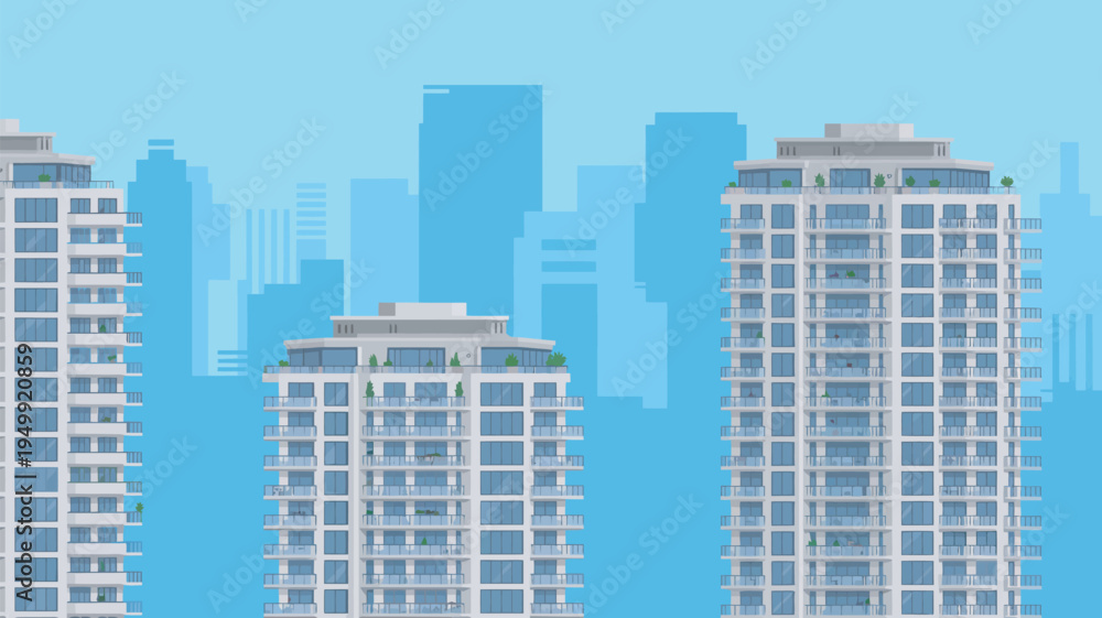Fototapeta premium A modern cityscape featuring sleek skyscrapers against a clear blue sky with a subtle urban background.