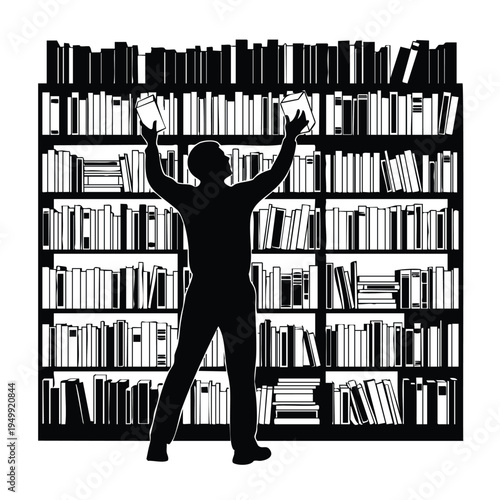 Man choosing books from bookshelf in library reading or searching for book silhouette