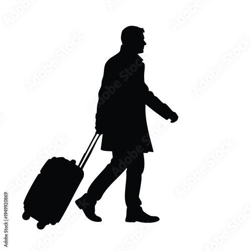 Man in trench coat walking with luggage, off to travel silhouette