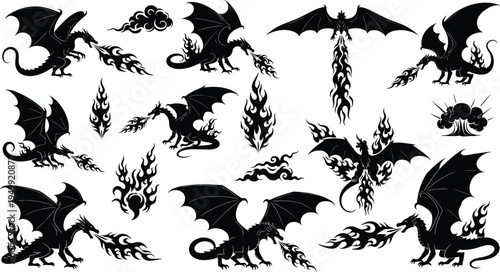 Fire Breathing Dragon Silhouette Vector Set with Winged Fantasy Creatures, Flame Elements and Mythical Beast Shadows