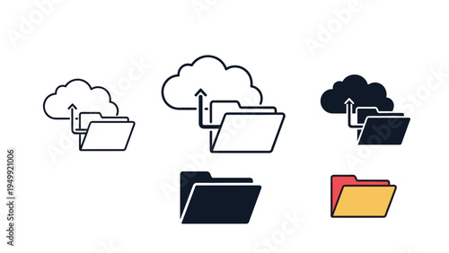 Various cloud storage upload and folder organization icons in black white and colored styles for digital files.