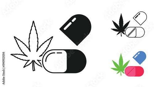 Medical pill capsules and cannabis marijuana leaf icons in different styles for pharmaceutical or herbal medicine.