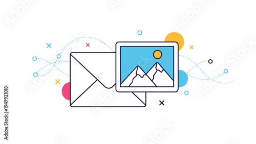 White envelope with printed mountain landscape photograph popping out on colorful abstract dotted creative background.