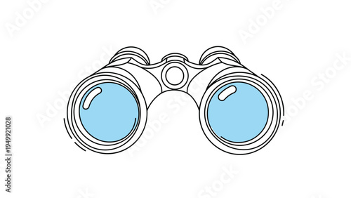 Binoculars icon with blue lenses and motion effect lines suggesting exploration discovery and distant vision.