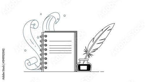 Writing desk theme with spiral notebook inkwell with quill and parchment scroll for classic various creative concepts.