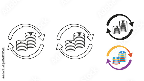 Currency circulation icon showing coin stacks and circular arrows in four styles for money transfer and finance.