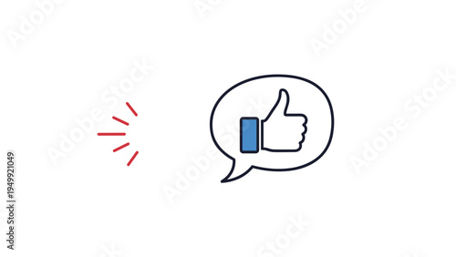 Social media speech bubble with blue thumbs up icon and red motion rays for instant approval and positive feedback.