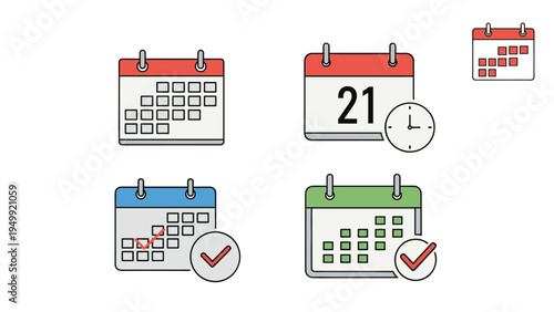 Calendar icon set showing four different dates task checkmarks and clock for schedule planning and time management.