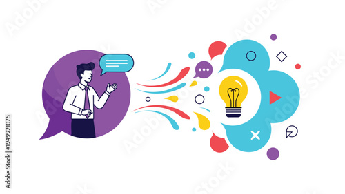 Business man pointing to speech bubble with glowing light bulb and abstract shapes for creative idea brainstorming.