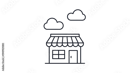 Simple outline of a storefront or shop building with two clouds in the sky for local business and retail concepts.