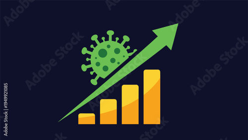 Green coronavirus molecule moving up rising arrow over bar chart on dark background showing infection increase.