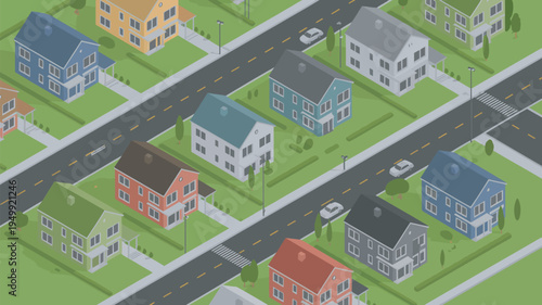 A colorful illustration of a suburban neighborhood with houses and roads