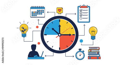 Time management concept with clock and productivity icons for organization and efficiency