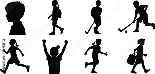 Kids Silhouettes Activity Set, Children Walking Running Playing Hockey School Black Isolated Vector Illustration Collection