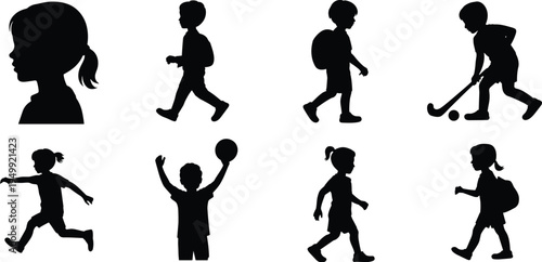 Kids Silhouettes Collection, Children Playing Walking And School Activities Black And White Isolated Illustration Set