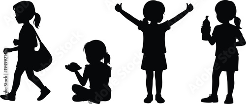 Little girl silhouettes collection, child activities set, walking kid, eating snack, drinking bottle, happy childhood moments illustration