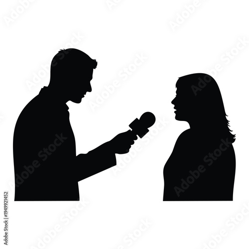 Man interviewing woman with microphone asking questions for news report silhouette