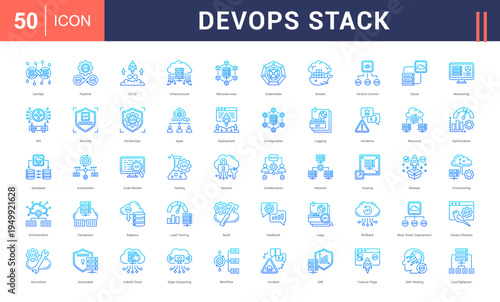DevOps Stack Icon Set. devops, pipeLine Gradient, ci/cd, infrastructure, microservices and more. Line Gradient Style vector icons collection.