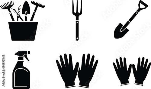 Garden Tools Silhouette Collection, Rake Shovel Gloves And Spray Bottle Black Vector Icons For Gardening Equipment Set