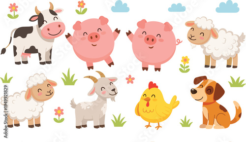 Cute Farm Animal Cartoon Set Featuring Cow, Pig, Sheep, Goat, Chicken, and Dog with Flowers and Grass in Adorable Vector Illustration Style