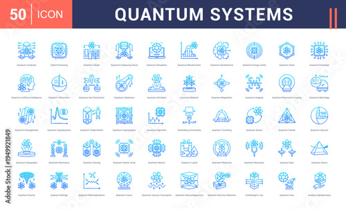 Quantum Systems Icon Set. quantum computer, qubit processing, quantum circuit, computing cloud, simulation and more. Line Gradient Style vector icons collection.