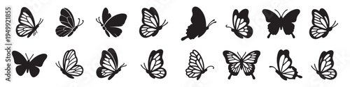 Butterfly silhouettes collection, black insect shapes illustration, elegant wings design, nature wildlife concept, isolated white background vector set