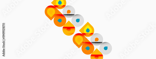 Abstract design features repeating circular shapes. Orange, blue, white colors create dynamic visual pattern. Simple geometry dominates composition.