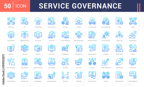 Service Governance Icon Set. itsm process, sla, service catalog, service reporting, monitoring and more. Line Gradient Style vector icons collection.