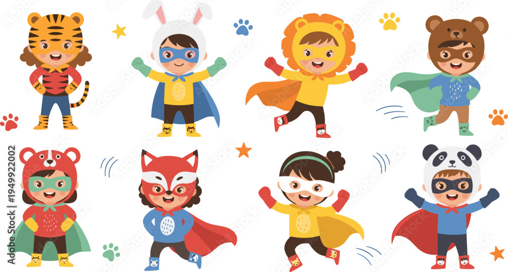 Fototapeta premium Kids Animal Superhero Cartoon Vector Set with Children Wearing Tiger, Lion, Bear, Panda and Fox Costumes