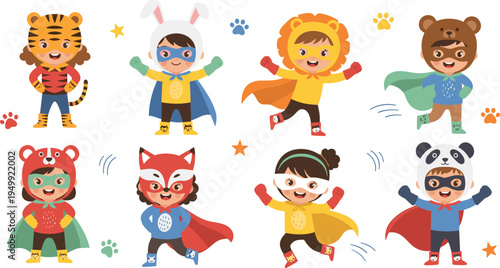 Kids Animal Superhero Cartoon Vector Set with Children Wearing Tiger, Lion, Bear, Panda and Fox Costumes