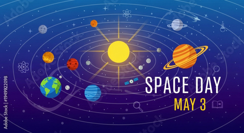 Solar system illustration with planets and sun on space day may 3rd in deep blue background