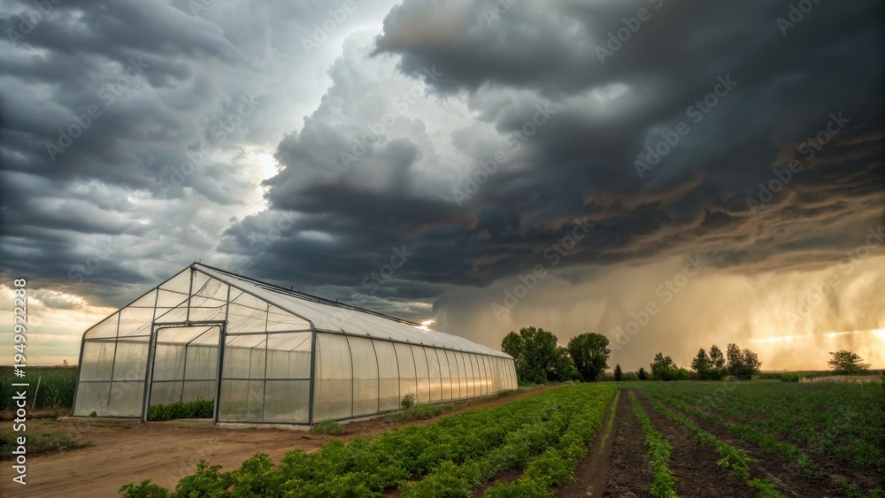 Fototapeta premium A large greenhouse stands beside cultivated fields under a dark, stormy sky with heavy clouds and rain falling in the distance.