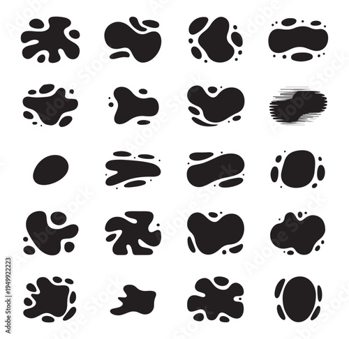Collection of various black ink blotches and splotches isolated on white background for design elements