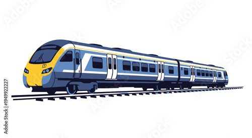 Modern train traveling on railway tracks with blue and yellow design