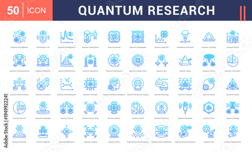 Quantum Research Icon Set. entanglement, schrodingers cat, super position, teleportation, qubit processing and more. Line Gradient Style vector icons collection.