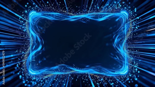 Blue digital square frame with glowing lines on dark background