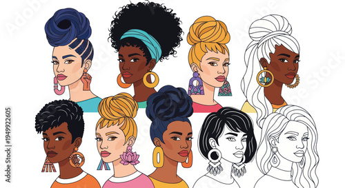 Diverse Women Hairstyles and Earrings Collection - Vector Illustration
