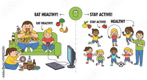 Healthy Lifestyle vs Unhealthy Lifestyle: Kids Eating Junk Food and Playing Video Games vs Playing Sports